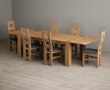 View Sheringham 200cm solid oak dining table with sheringham oak extensions -pair- with 12 light grey natural chairs View Sheringham 200cm solid oak dining table with sheringham oak extensions -pair- with 12 light grey natural chairs
