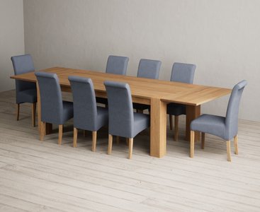 View Extending sheringham 200cm solid oak table with 8 blue scroll back chairs View Extending sheringham 200cm solid oak table with 8 blue scroll back chairs