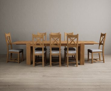 View Extending sheringham 200cm solid oak table with 8 light grey natural solid oak chairs View Extending sheringham 200cm solid oak table with 8 light grey natural solid oak chairs