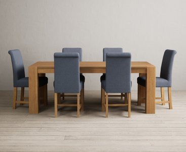 Photo of sheringham 200cm solid oak dining table with 6 blue braced chairs
