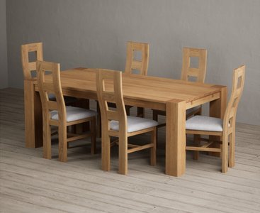 View Sheringham 200cm solid oak dining table with 6 light grey natural chairs View Sheringham 200cm solid oak dining table with 6 light grey natural chairs
