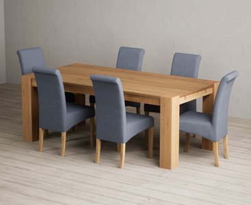 View Sheringham 200cm solid oak dining table with 6 blue scroll back chairs View Sheringham 200cm solid oak dining table with 6 blue scroll back chairs