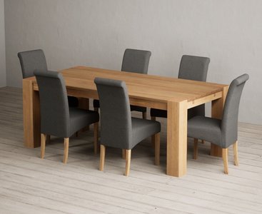 Photo of sheringham 200cm solid oak dining table with 8 grey scroll back chairs
