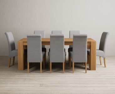 View Sheringham 200cm solid oak dining table with 8 grey scroll back chairs View Sheringham 200cm solid oak dining table with 8 grey scroll back chairs