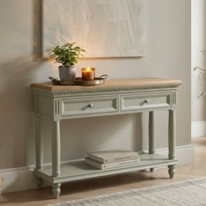 View Francis oak and soft green painted console table View Francis oak and soft green painted console table