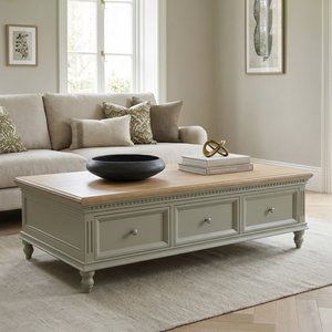 View Francis oak and soft green painted 6 drawer extra large coffee table View Francis oak and soft green painted 6 drawer extra large coffee table