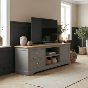 View Felton oak and light grey painted super wide tv cabinet