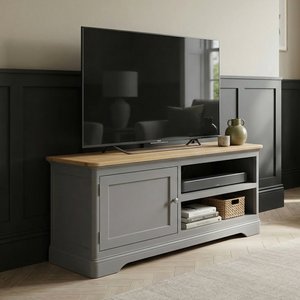 View Felton oak and light grey painted small tv cabinet View Felton oak and light grey painted small tv cabinet