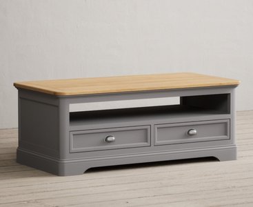 View Felton oak and light grey painted 4 drawer coffee table View Felton oak and light grey painted 4 drawer coffee table