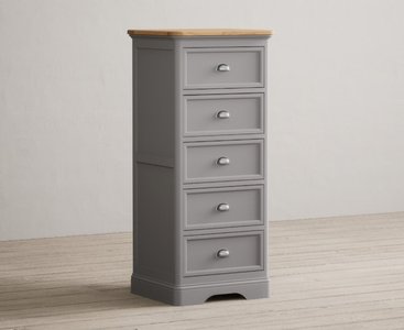 View Felton oak and light grey painted 5 drawer tallboy View Felton oak and light grey painted 5 drawer tallboy