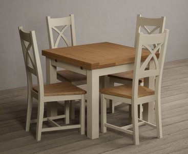 View Extending buxton 90cm oak and cream painted dining table with 6 blue painted chairs View Extending buxton 90cm oak and cream painted dining table with 6 blue painted chairs