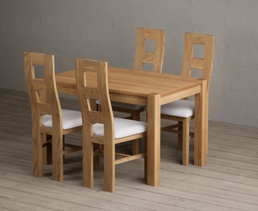 View Thetford 120cm solid oak dining table with 4 blue natural chairs View Thetford 120cm solid oak dining table with 4 blue natural chairs