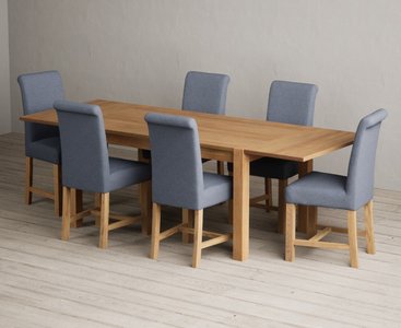 View Extending thetford 150cm solid oak dining table with 6 blue braced chairs View Extending thetford 150cm solid oak dining table with 6 blue braced chairs