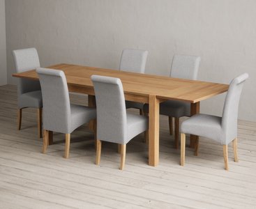 View Extending thetford 150cm solid oak dining table with 6 grey scroll back chairs View Extending thetford 150cm solid oak dining table with 6 grey scroll back chairs