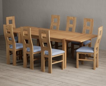View Extending thetford 150cm solid oak dining table with 8 blue natural chairs View Extending thetford 150cm solid oak dining table with 8 blue natural chairs