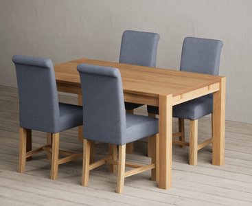 View Thetford 150cm solid oak dining table with 4 blue braced chairs View Thetford 150cm solid oak dining table with 4 blue braced chairs