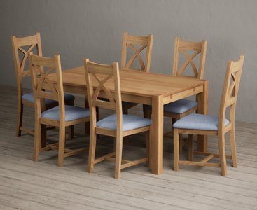 View Thetford 150cm solid oak dining table with 6 blue natural solid oak chairs View Thetford 150cm solid oak dining table with 6 blue natural solid oak chairs