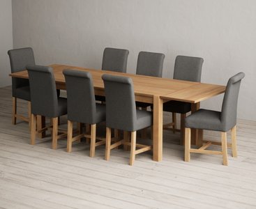 View Extending thetford 180cm solid oak dining table with 8 charcoal grey braced chairs View Extending thetford 180cm solid oak dining table with 8 charcoal grey braced chairs