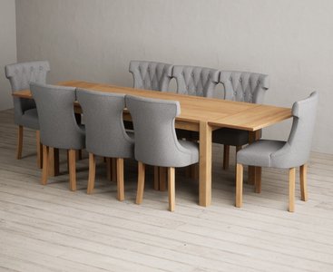 View Thetford 180cm oak dining table with 6 grey clara chairs with thetford 45cm oak extensions View Thetford 180cm oak dining table with 6 grey clara chairs with thetford 45cm oak extensions