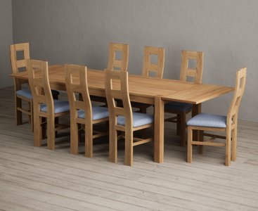 View Extending thetford 180cm solid oak dining table with 8 blue natural chairs View Extending thetford 180cm solid oak dining table with 8 blue natural chairs