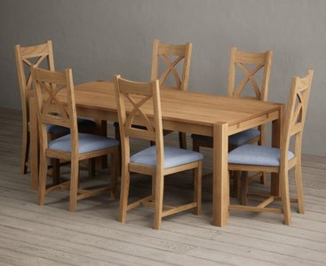 View Thetford 180cm solid oak dining table with 6 blue natural solid oak chairs View Thetford 180cm solid oak dining table with 6 blue natural solid oak chairs