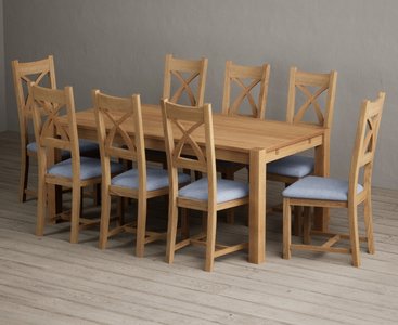 View Thetford 180cm solid oak dining table with 8 blue natural solid oak chairs View Thetford 180cm solid oak dining table with 8 blue natural solid oak chairs