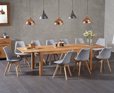 View Thetford 180cm oak dining table with 10 dark grey orson chairs with thetford 45cm oak extensions View Thetford 180cm oak dining table with 10 dark grey orson chairs with thetford 45cm oak extensions
