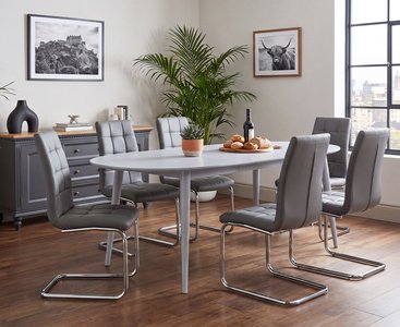 View Extending veneti light grey high gloss dining table with 6 grey vigo chairs View Extending veneti light grey high gloss dining table with 6 grey vigo chairs