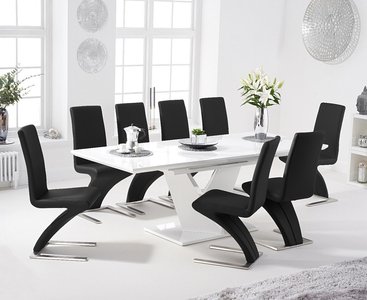 View Extending vittorio 160cm white high gloss dining table with 8 black aldo chairs View Extending vittorio 160cm white high gloss dining table with 8 black aldo chairs