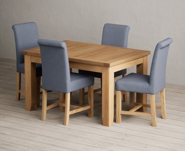 View Extending yateley 130cm solid oak dining table with 4 blue braced chairs View Extending yateley 130cm solid oak dining table with 4 blue braced chairs