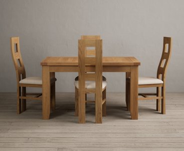View Extending yateley 130cm solid oak dining table with 4 linen natural chairs View Extending yateley 130cm solid oak dining table with 4 linen natural chairs