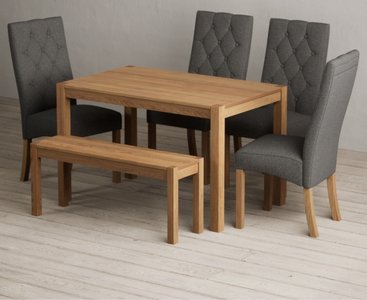 View York 120cm solid oak dining table with 2 grey maya chairs with 1 oak bench View York 120cm solid oak dining table with 2 grey maya chairs with 1 oak bench