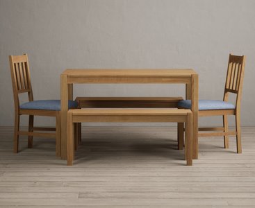 View York 120cm solid oak dining table with 2 blue york chairs and 1 oak bench View York 120cm solid oak dining table with 2 blue york chairs and 1 oak bench