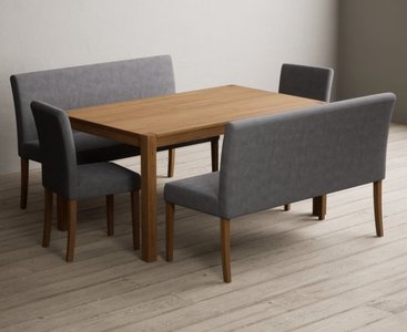 View York 150cm solid oak dining table with 2 grey lila chairs with 1 grey bench View York 150cm solid oak dining table with 2 grey lila chairs with 1 grey bench