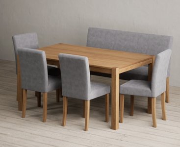 View York 150cm solid oak dining table with 4 grey lila chairs with 1 grey bench View York 150cm solid oak dining table with 4 grey lila chairs with 1 grey bench