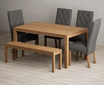 View York 150cm solid oak dining table with 2 grey maya chairs with 1 oak bench View York 150cm solid oak dining table with 2 grey maya chairs with 1 oak bench