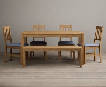 View York 150cm solid oak dining table with 2 blue york chairs with 1 oak bench View York 150cm solid oak dining table with 2 blue york chairs with 1 oak bench