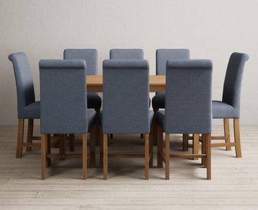View York 150cm solid oak dining table with 8 blue braced chairs View York 150cm solid oak dining table with 8 blue braced chairs