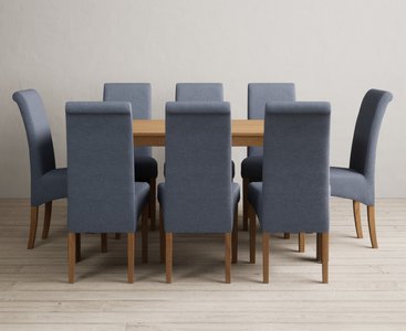 View York 150cm solid oak dining table with 8 blue scroll back chairs View York 150cm solid oak dining table with 8 blue scroll back chairs