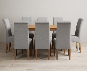 View York 150cm solid oak dining table with 8 grey scroll back chairs View York 150cm solid oak dining table with 8 grey scroll back chairs