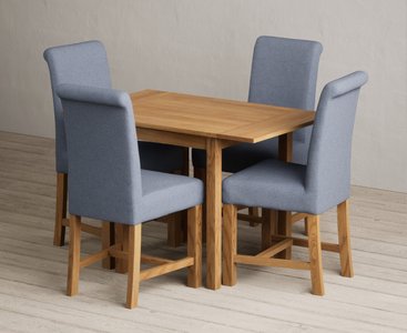 View Extending york 70cm solid oak drop leaf dining table with 2 blue braced chairs View Extending york 70cm solid oak drop leaf dining table with 2 blue braced chairs