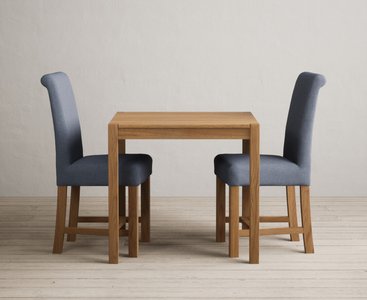 View York 80cm solid oak dining table with 2 blue braced chairs View York 80cm solid oak dining table with 2 blue braced chairs