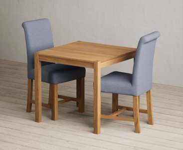 View York 80cm solid oak dining table with 2 blue braced chairs View York 80cm solid oak dining table with 2 blue braced chairs