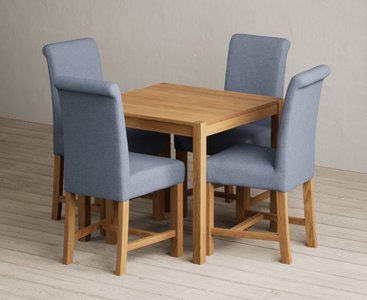 View York 80cm solid oak dining table with 4 blue braced chairs View York 80cm solid oak dining table with 4 blue braced chairs
