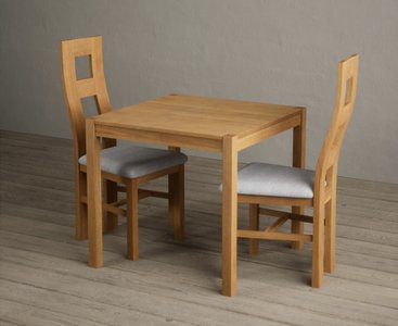 View York 80cm solid oak dining table with 2 light grey natural chairs View York 80cm solid oak dining table with 2 light grey natural chairs