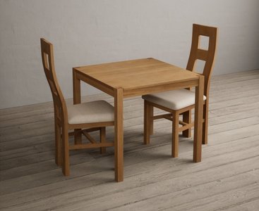 View York 80cm solid oak dining table with 2 linen natural chairs View York 80cm solid oak dining table with 2 linen natural chairs
