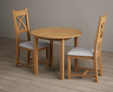 Photo of extending york 90cm solid oak dining table with 2 light grey natural solid oak chairs