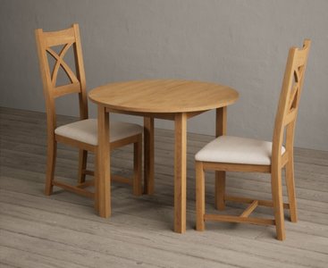 Photo of extending york 90cm solid oak dining table with 2 linen natural solid oak chairs