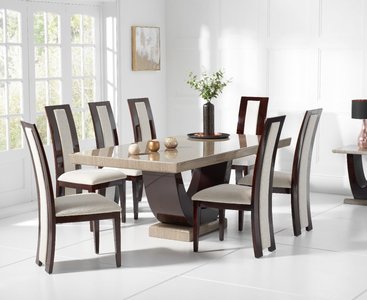 View Novara 200cm brown pedestal marble dining table with 12 black novara chairs View Novara 200cm brown pedestal marble dining table with 12 black novara chairs
