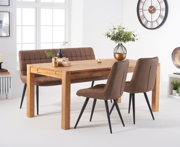 View Thetford 180cm oak dining table with 4 brown larson chairs with 1 brown bench View Thetford 180cm oak dining table with 4 brown larson chairs with 1 brown bench